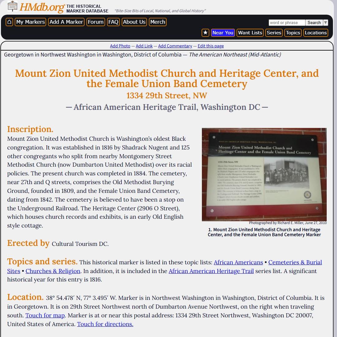 Mount Zion United Methodist Church and Heritage Center, and the Female Union Band Cemetery Historical Marker