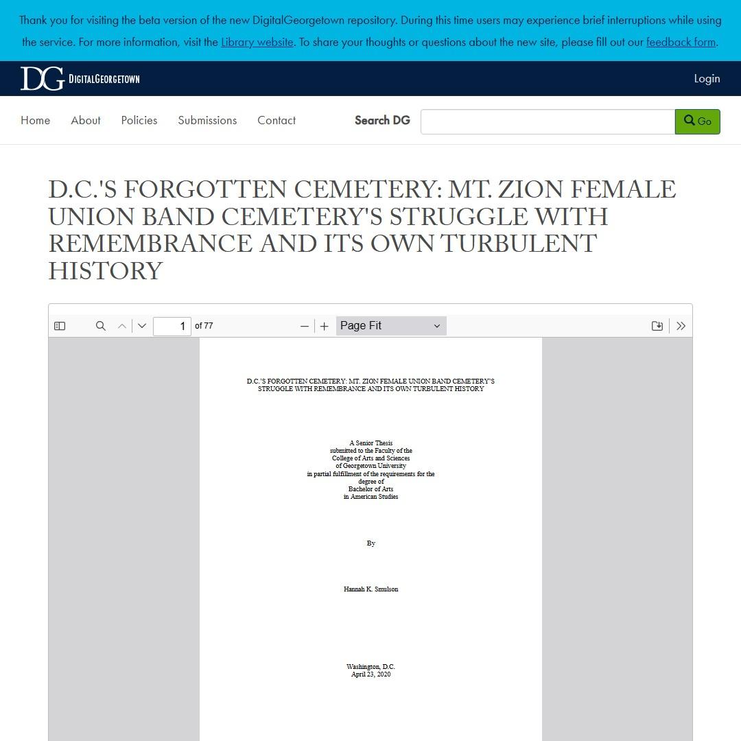 D.C.’s Forgotten Cemetery: Mt. Zion Female Union Band Cemetery’s Struggle with Rememberance and Its Own Turbulent History