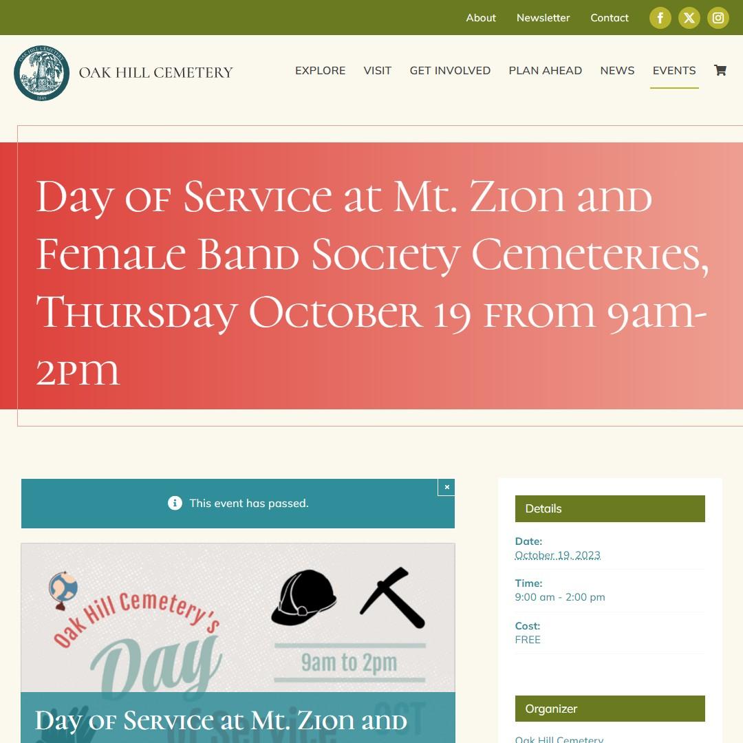 Day of Service at Mt. Zion and Female Band Society Cemeteries, Thursday October 19 from 9am-2pm