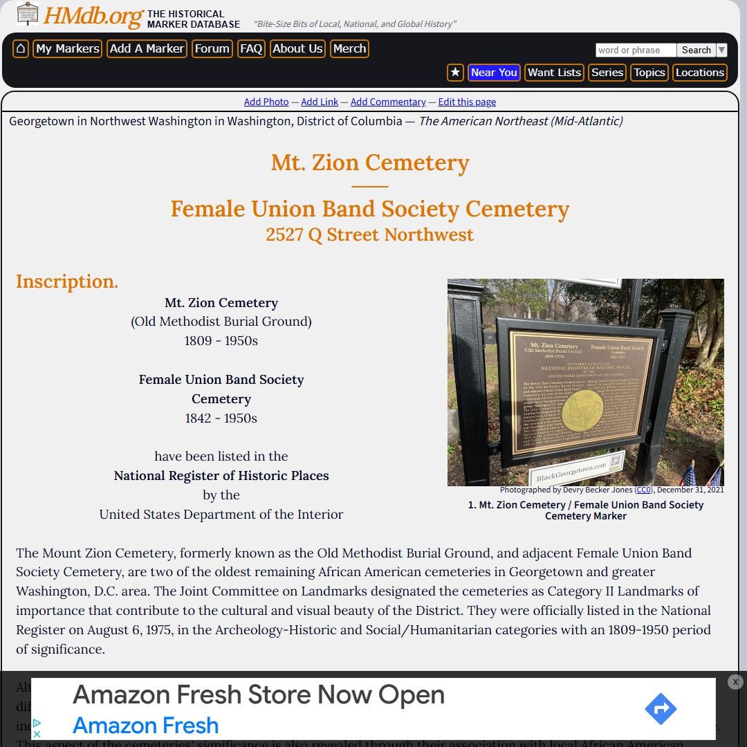 Mt. Zion Cemetery / Female Union Band Society Cemetery Historical Marker