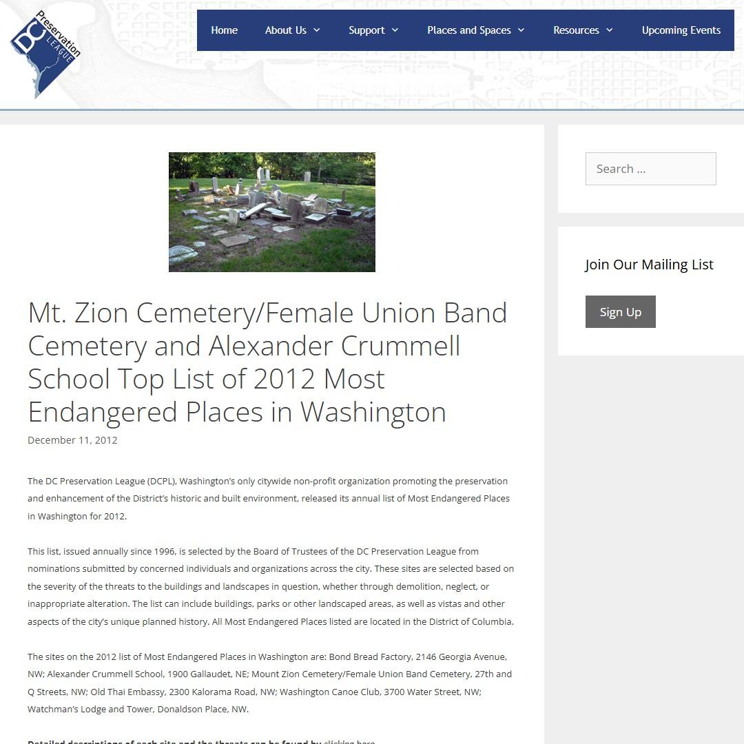 Mt. Zion Cemetery/Female Union Band Cemetery and Alexander Crummell School Top List of 2012 Most Endangered Places in Washington